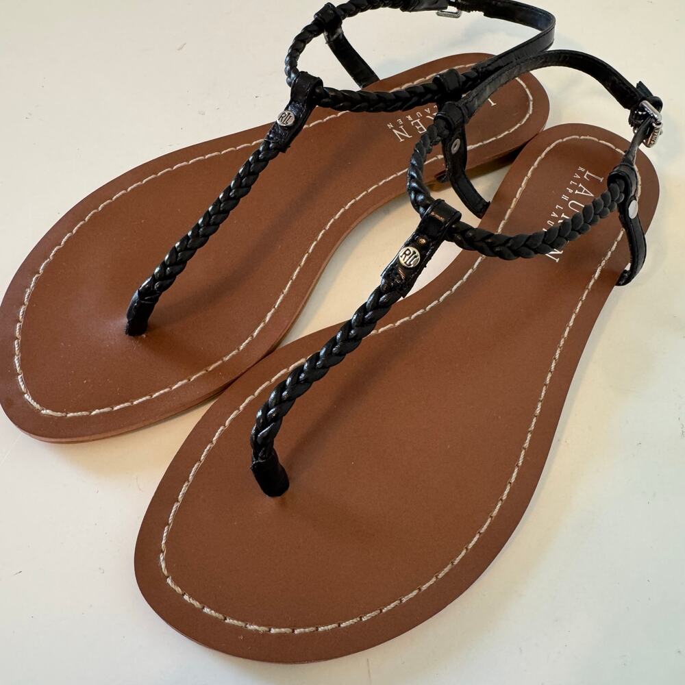 Lauren Ralph Lauren braided strap thong sandal woman’s size 6.5 black leather
